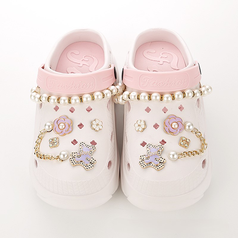 Hole shoes accessories diy pearl metal rhinestone chain decorative buckle-Zdaazd