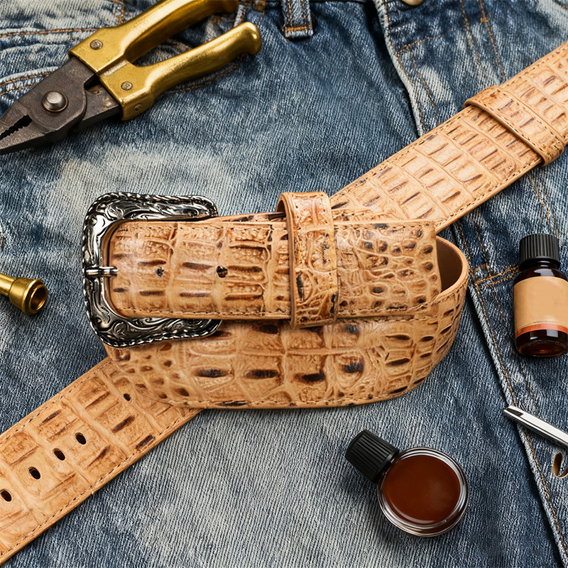 Men's premium khaki crocodile leather belt