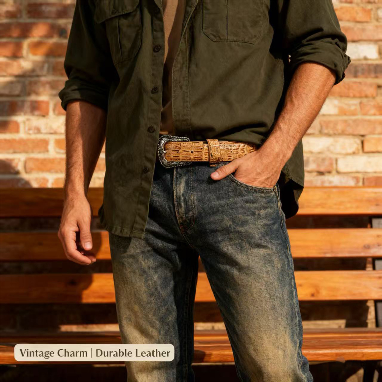 Men's premium khaki crocodile leather belt