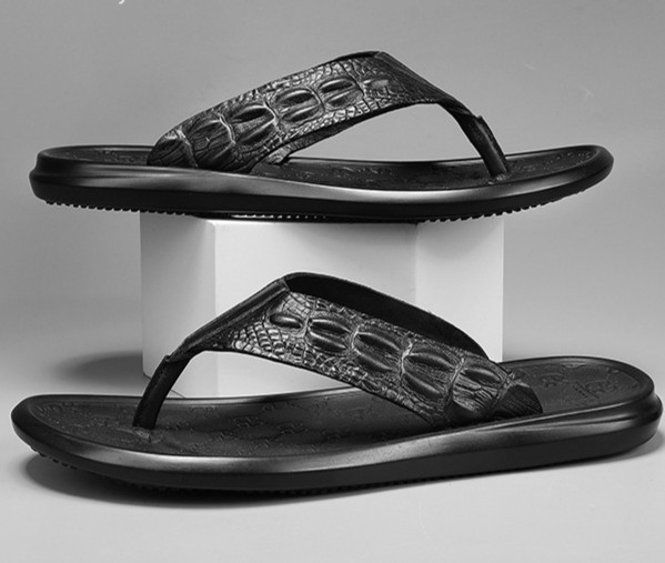 Summer Beach Crocodile Leather Cowhide Embossed Flip Flops Breathable Sandals-Zdaazd