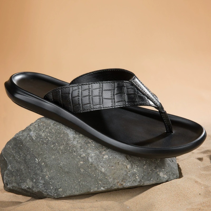 Summer Beach Crocodile Leather Cowhide Embossed Flip Flops Breathable Sandals-Zdaazd
