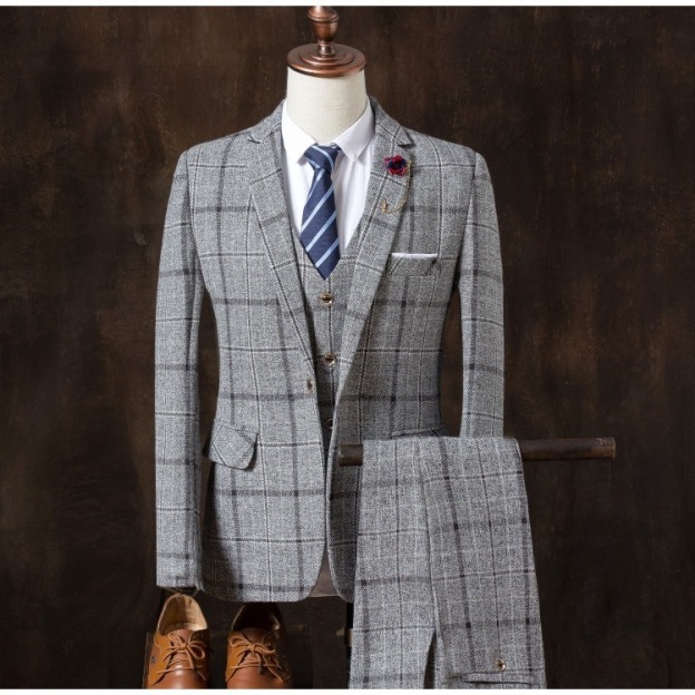 England Slim Plaid Men's Suit Three Piece Suit
