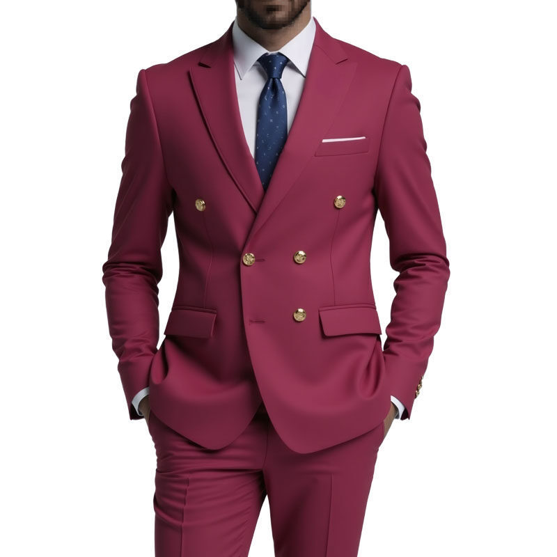 Double Breasted Flat Barge Collar Slim Fit Men's Suit