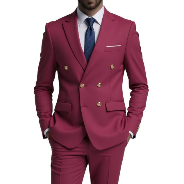 Double Breasted Flat Barge Collar Slim Fit Men's Suit