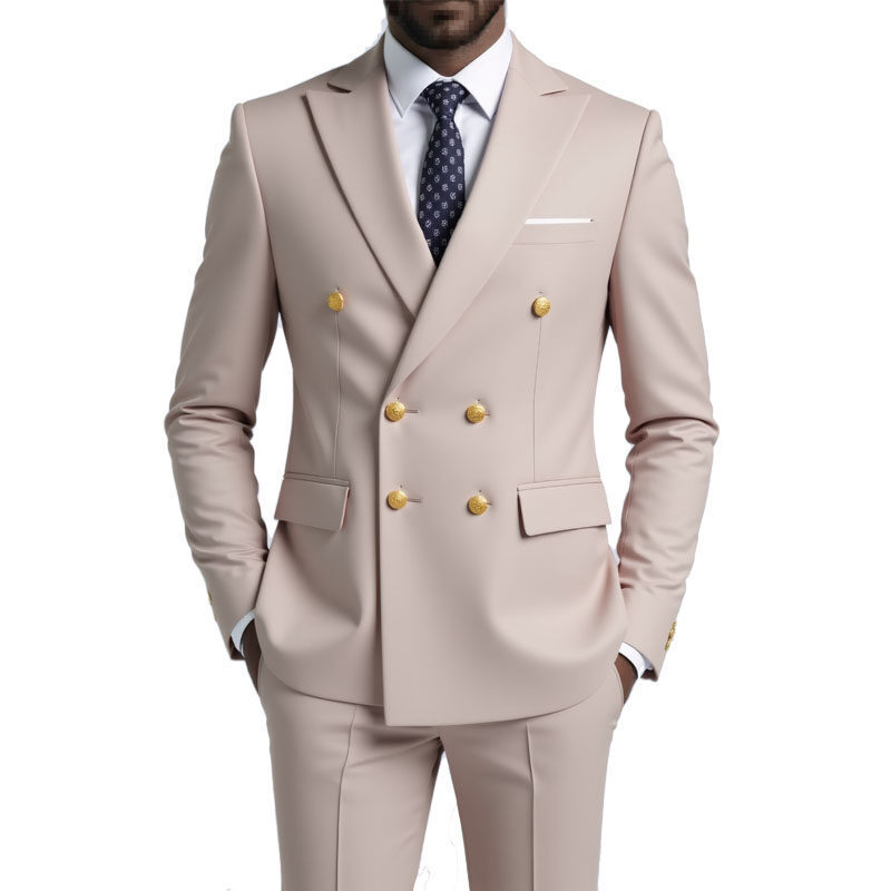 Double Breasted Flat Barge Collar Slim Fit Men's Suit