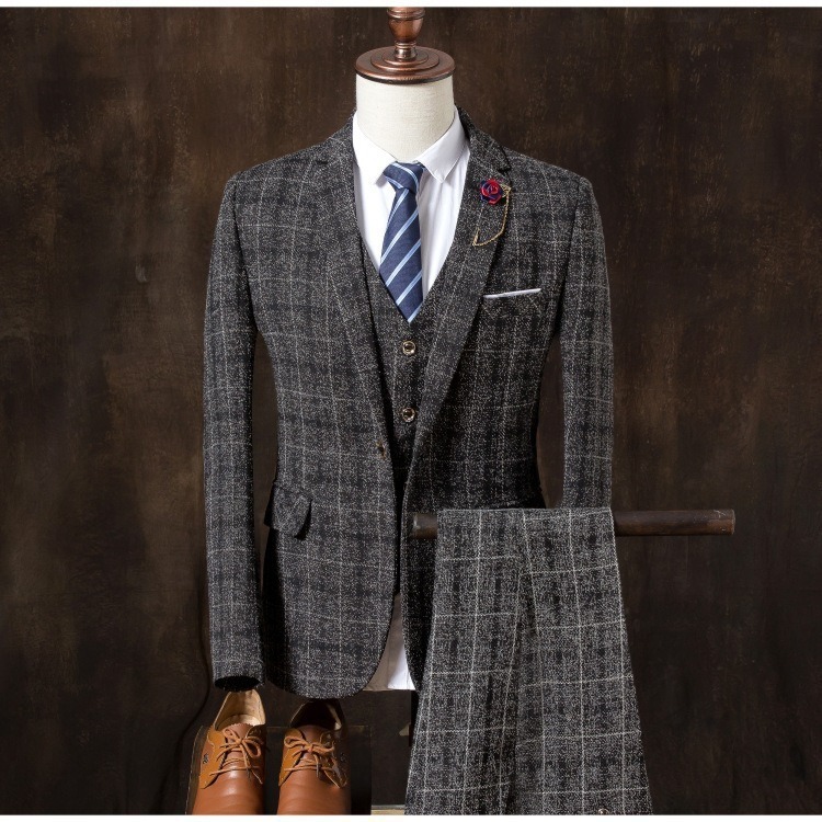 England Slim Plaid Men's Suit Three Piece Suit