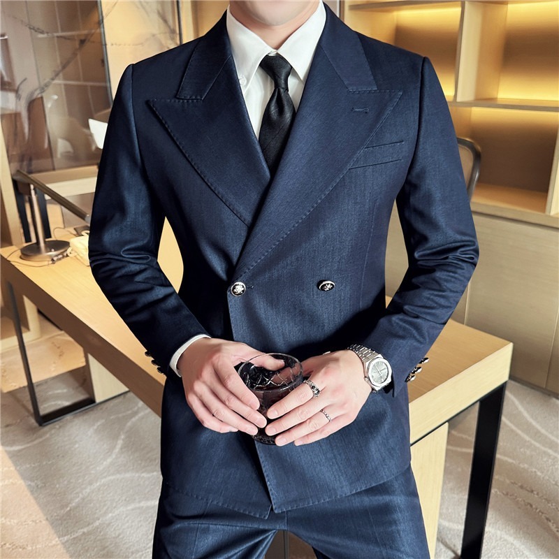 Men's double-breasted push-button collar slim-fit suit