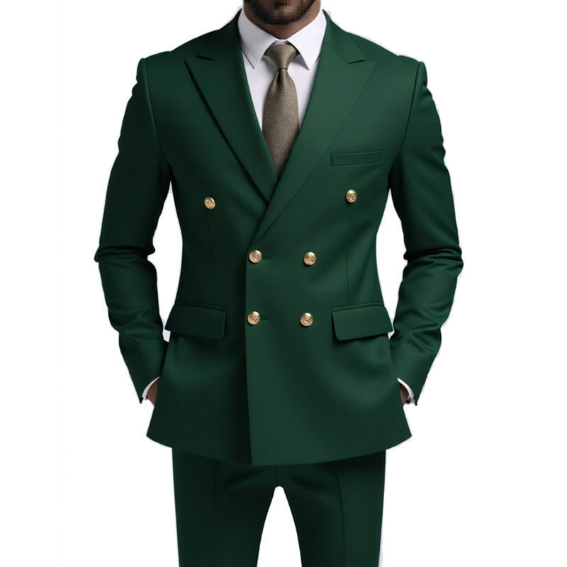 Double Breasted Flat Barge Collar Slim Fit Men's Suit