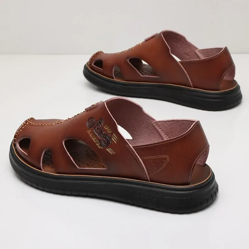 Cowhide Flat Soft Bottom Non-Slip Men's Sandals-Zdaazd