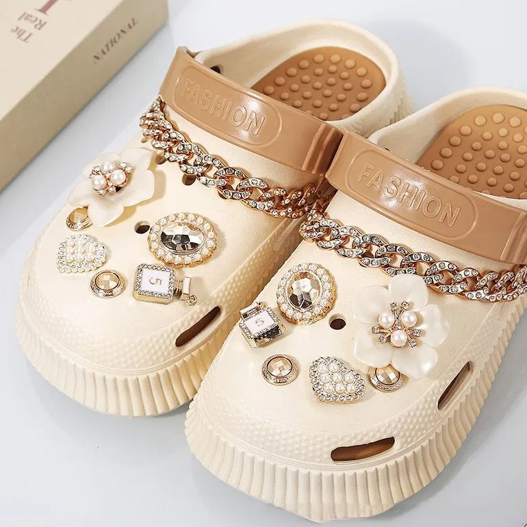 Hole shoes accessories diy pearl metal rhinestone chain decorative buckle-Zdaazd