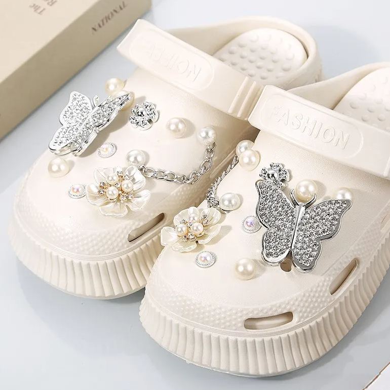 Hole shoes accessories diy pearl metal rhinestone chain decorative buckle-Zdaazd