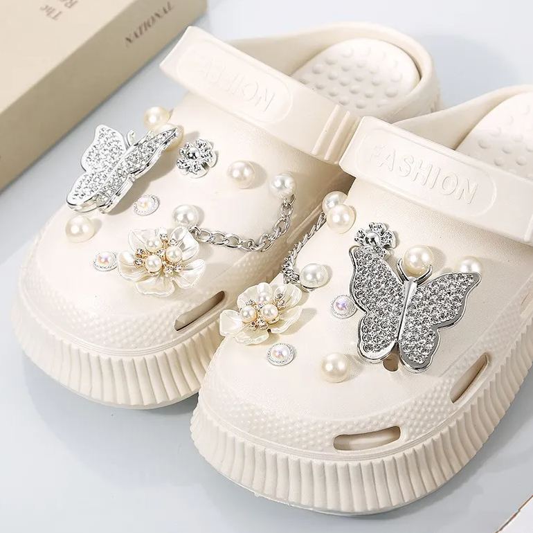 Hole shoes accessories diy pearl metal rhinestone chain decorative buckle-Zdaazd