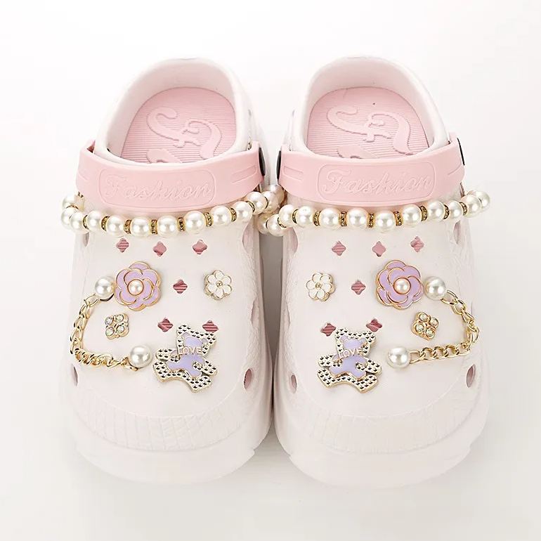 Hole shoes accessories diy pearl metal rhinestone chain decorative buckle-Zdaazd