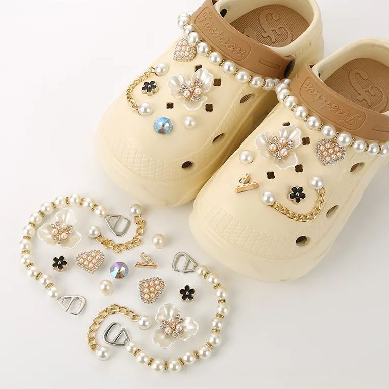 Hole shoes accessories diy pearl metal rhinestone chain decorative buckle-Zdaazd