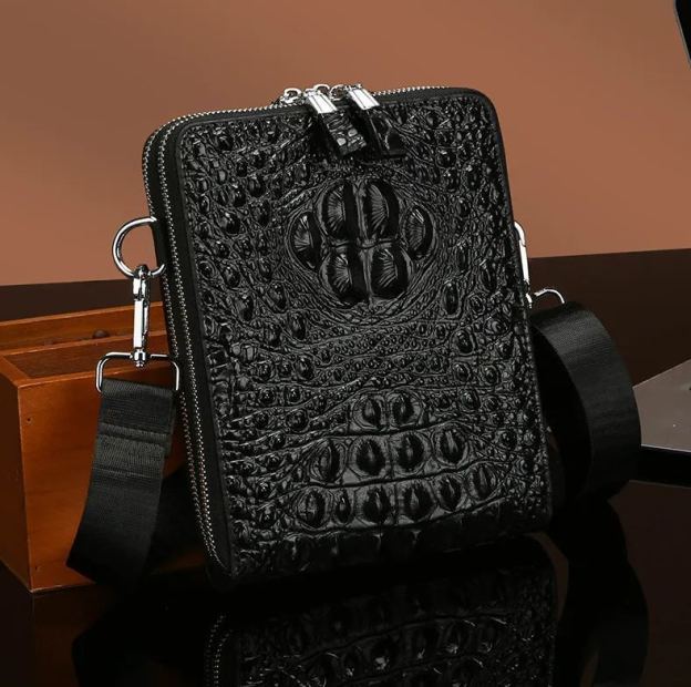 Crocodile leather shoulder bag multilayer double zipper crossbody commuter bag for men-Zdaazd