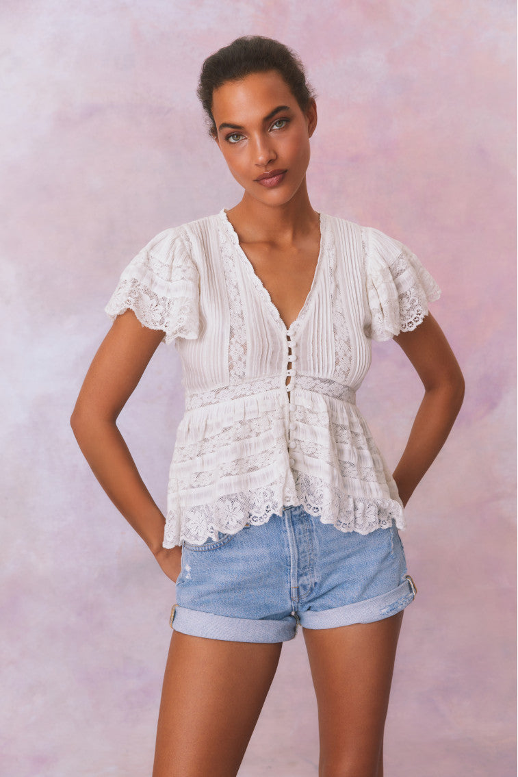 Quinella Cotton Peplum V-Neck Button-Down Blouse-morningim