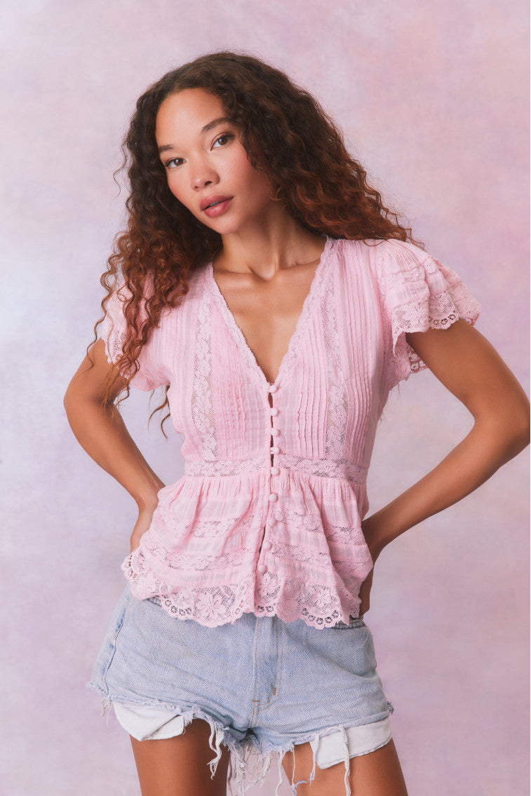 Quinella Cotton Peplum V-Neck Button-Down Blouse-morningim