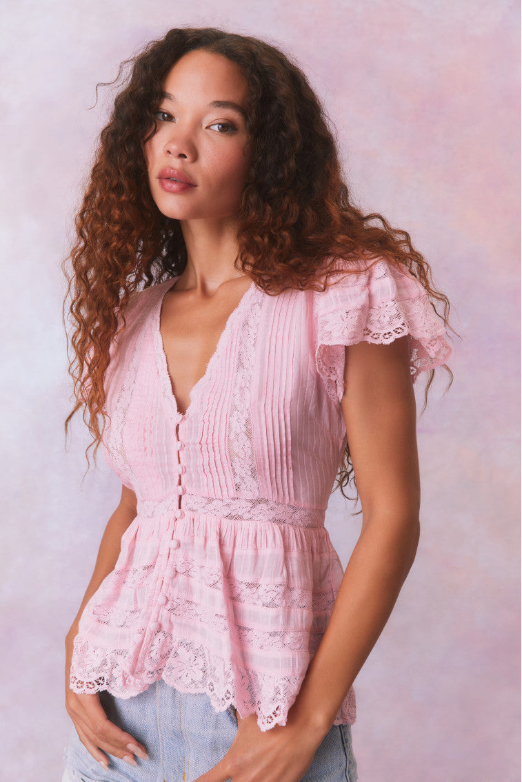 Quinella Cotton Peplum V-Neck Button-Down Blouse-morningim