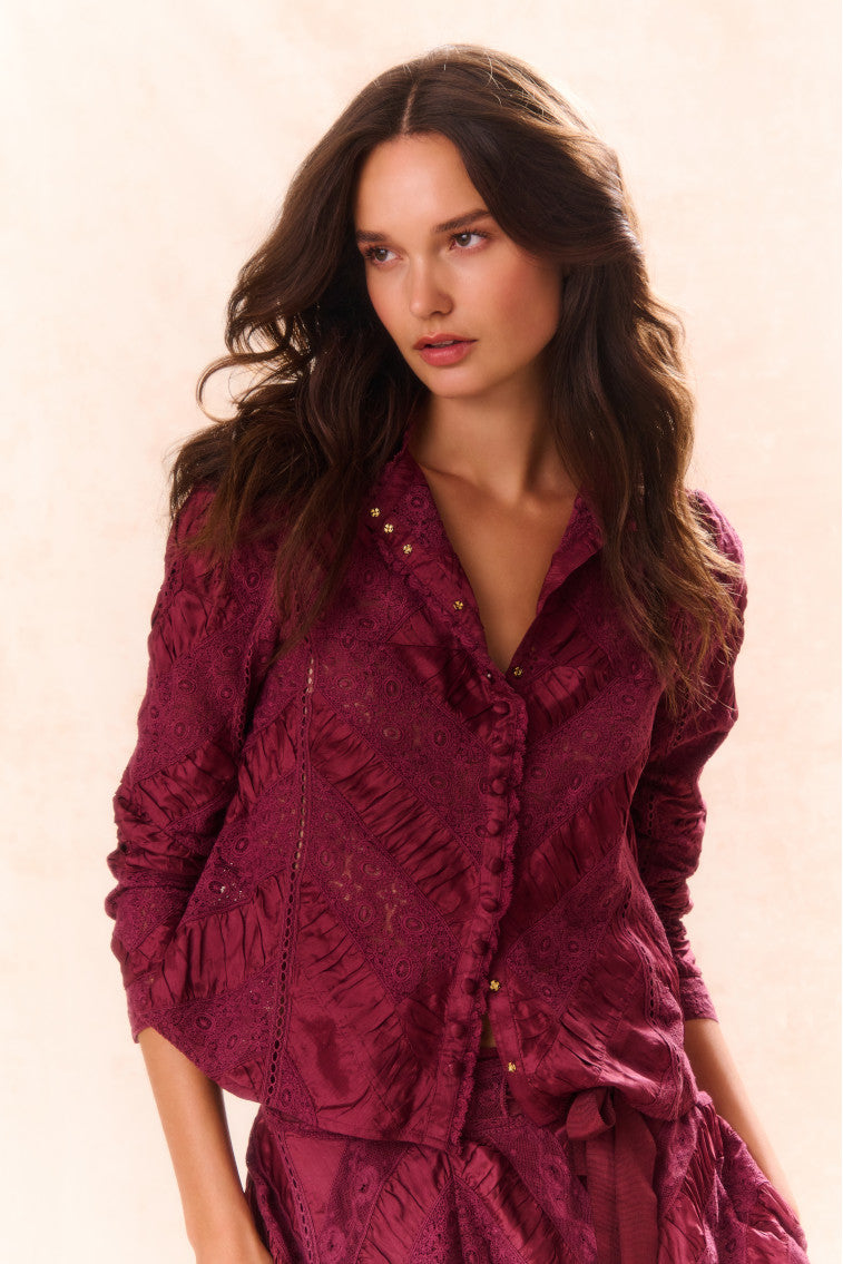 Isaline Button Down Lace Top - OXBLOOD-morningim