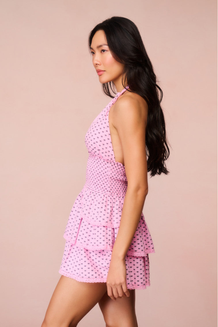 Deanna Cotton Bow Mini Halter Dress-morningim