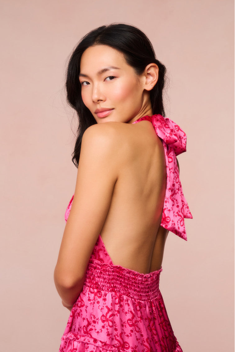 Quintelle Silk Bow-Printed Halter Mini Dress-morningim