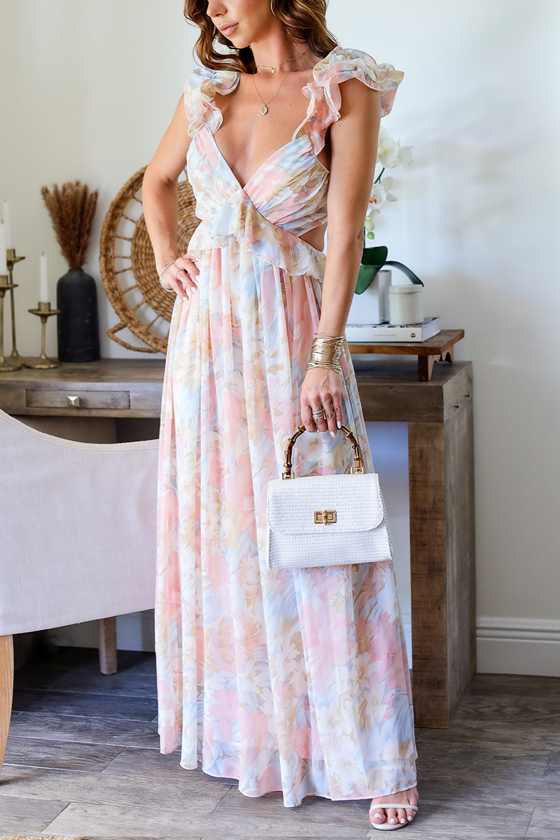 Ruffled Trim V Neck Floral Print Cutout Open Back Maxi Dresses-Morningim.All Rights Reserved.
