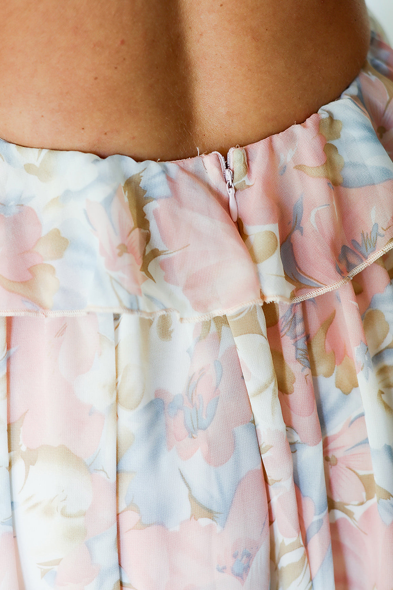 Ruffled Trim V Neck Floral Print Cutout Open Back Maxi Dresses-Morningim.All Rights Reserved.