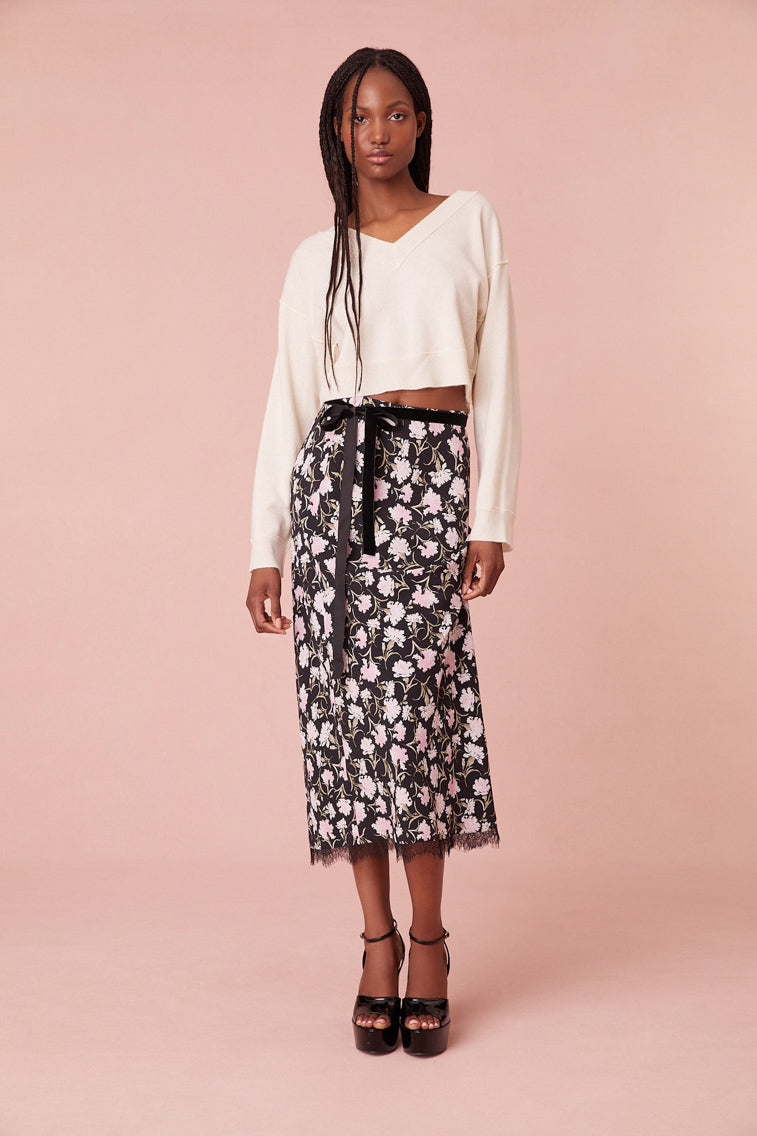 Castle Floral Crepe Midi Skirt-morningim