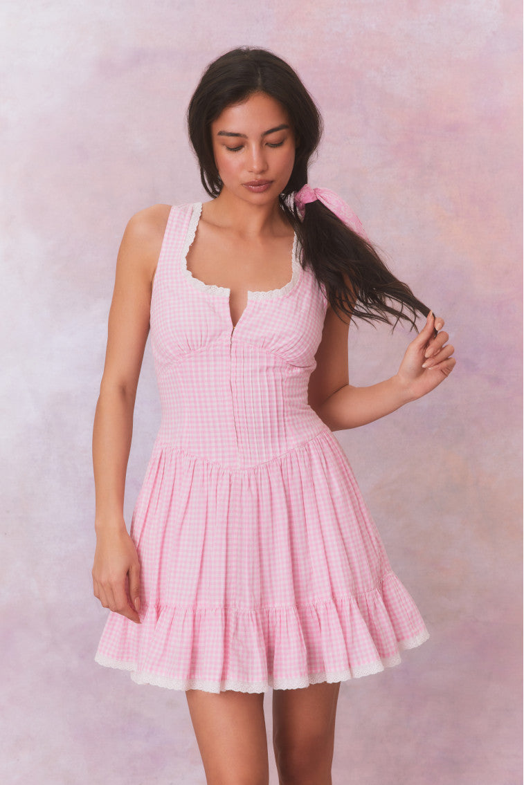 Ceronne Gingham Cotton Mini Dress-morningim