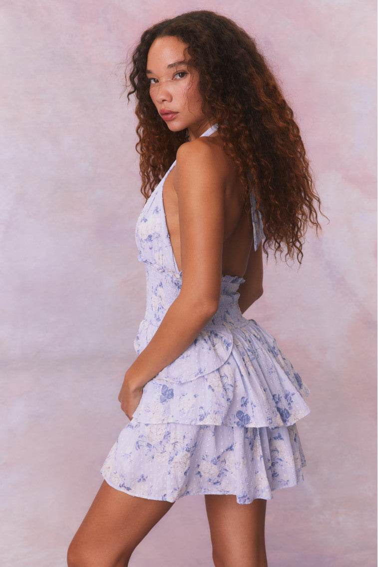 Deanna Fragrance Print Halter Mini Dress-WHISPER BLUE-morningim