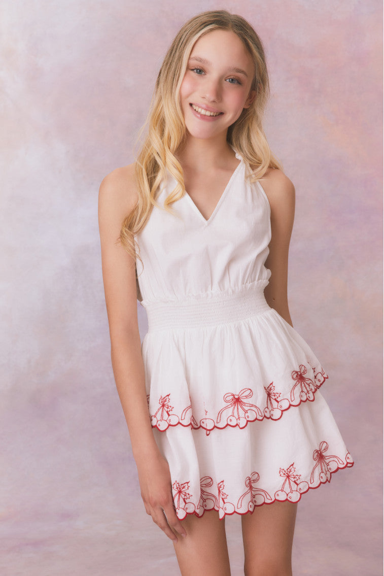 Girls Romille Cherry Embroidered Cotton Dress-morningim