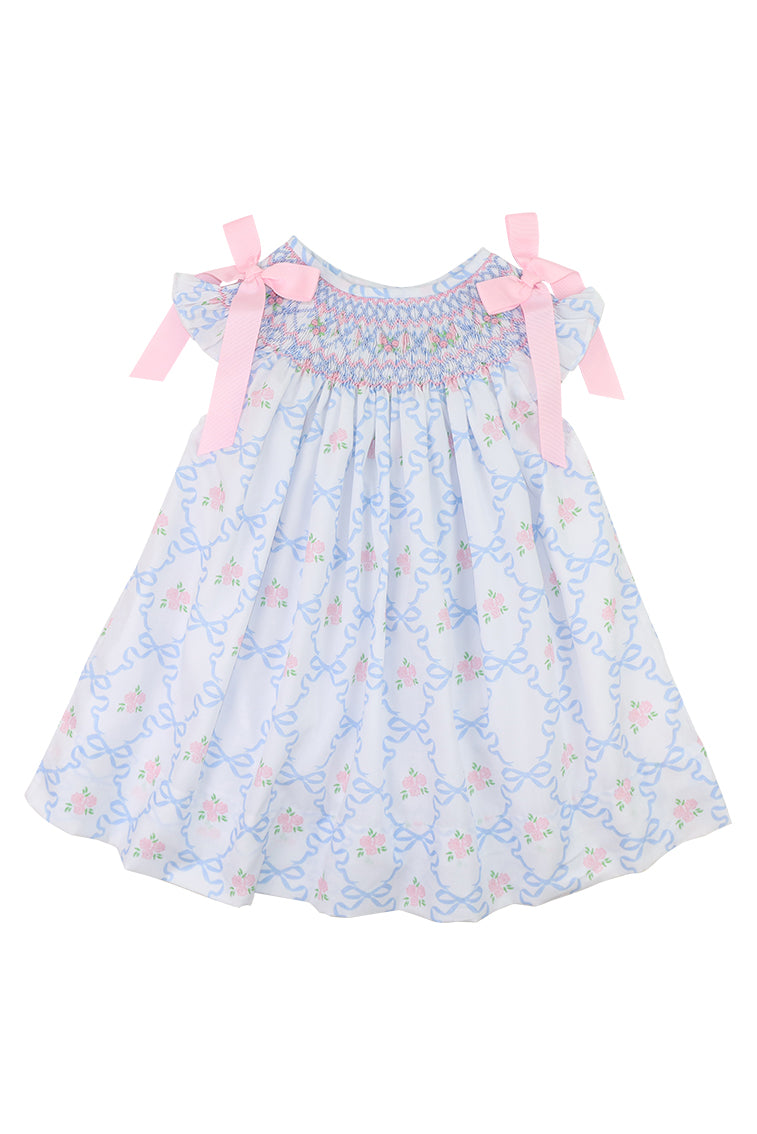 Cecil & Lou Girls Pink and Blue Bouquet Ribbon Smoked Dress-morningim