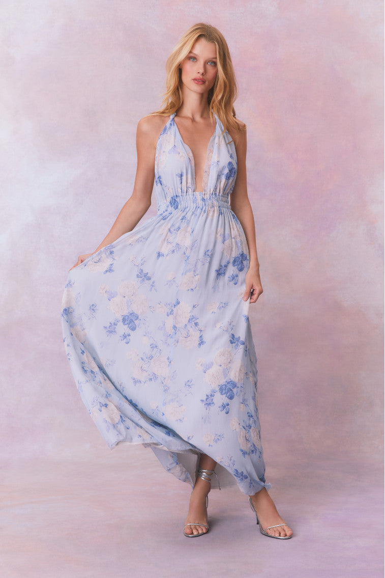 Love Fragrance Halter Maxi Dress-WHISPER BLUE-morningim