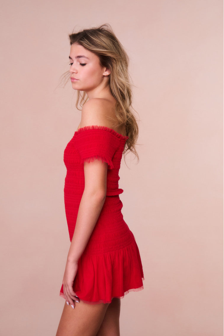 Girls Mosa Off-The-Shoulder Mini Dress - CRIMSON RED-morningim