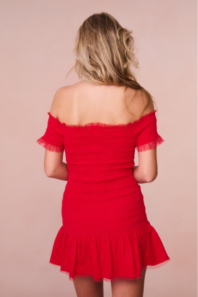 Girls Mosa Off-The-Shoulder Mini Dress - CRIMSON RED-morningim