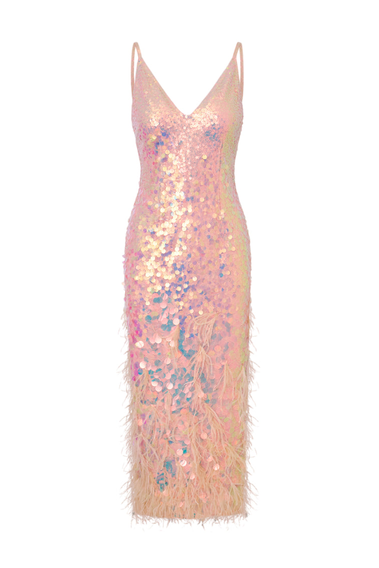 Miriana Iridescent Midi Dress With Feathers-morningim
