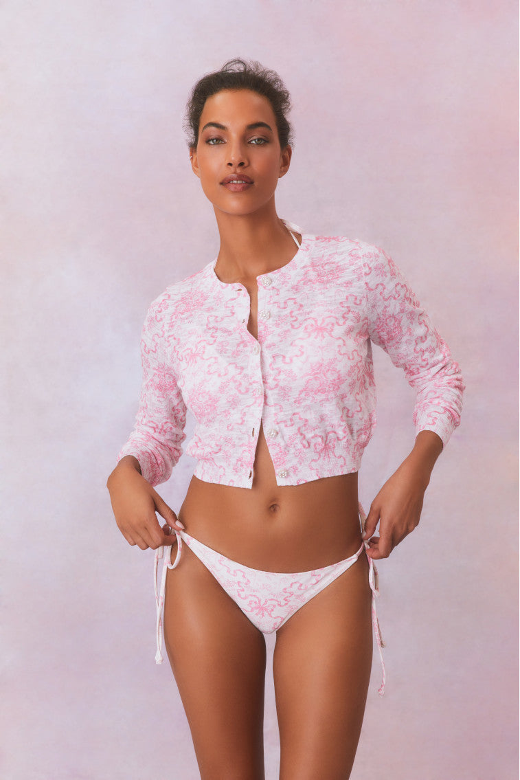 Pinky Bow Print Cardigan-morningim
