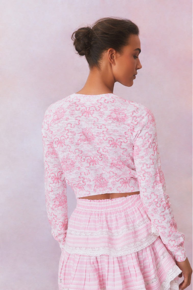 Pinky Bow Print Cardigan-morningim