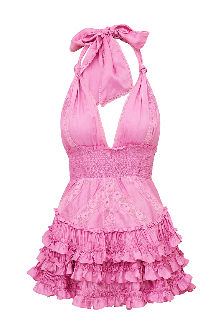 Quintelle Ruffle Halter Mini Dress - TULIP PINK-morningim