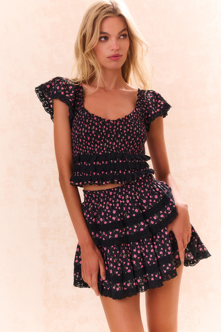 Ruffle Mini Floral Lace-Trimmed Skirt-morningim