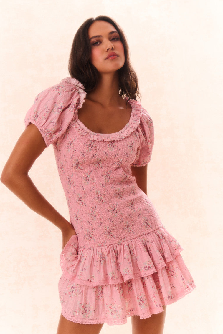 Violet Floral Cotton Smocked Drop Waist Mini Dress-morningim