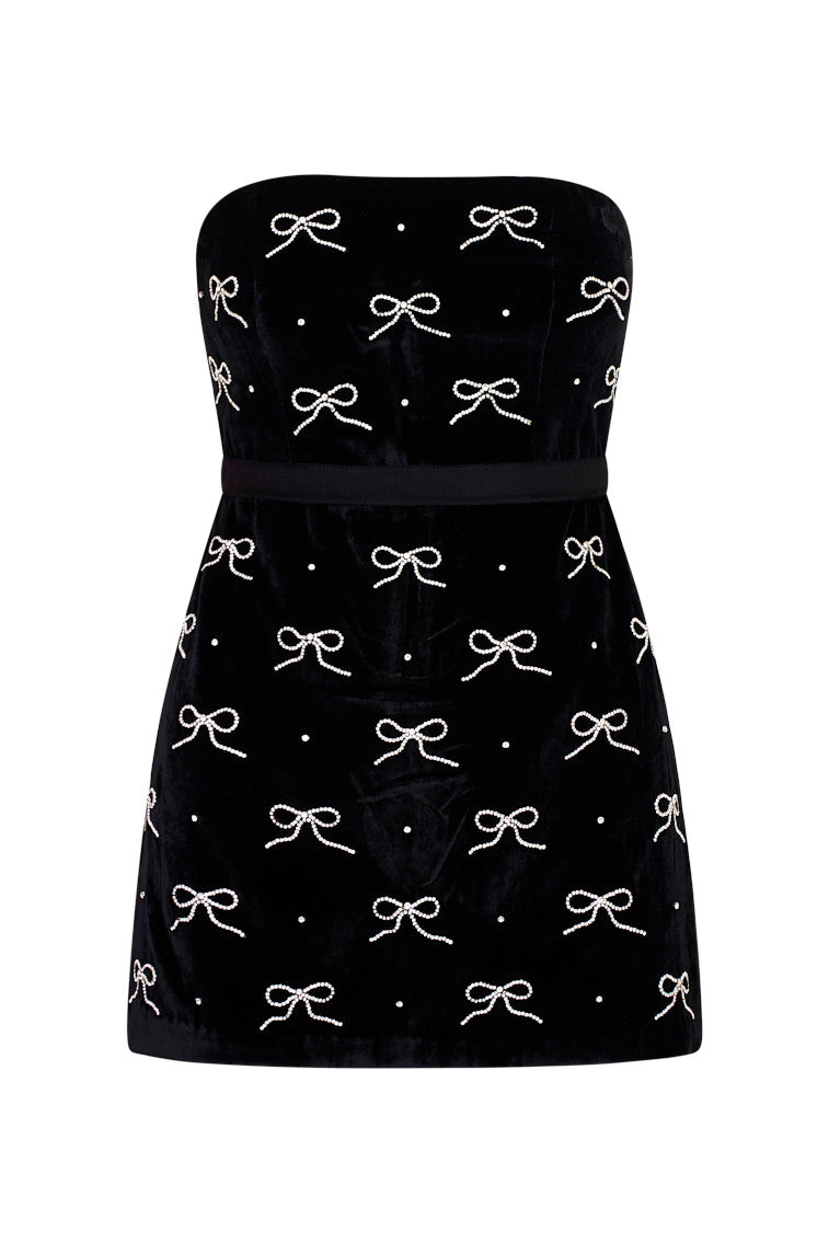 Rinwell Velvet Rhinestone Bow Dress-morningim