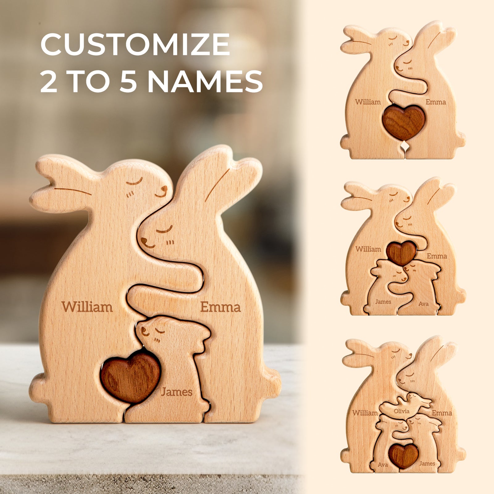 Customizedbee Rabbit Family Puzzle, Personalized Wooden Puzzles with 2–5 Names, Unique Easter Basket Stuffers for Lucky