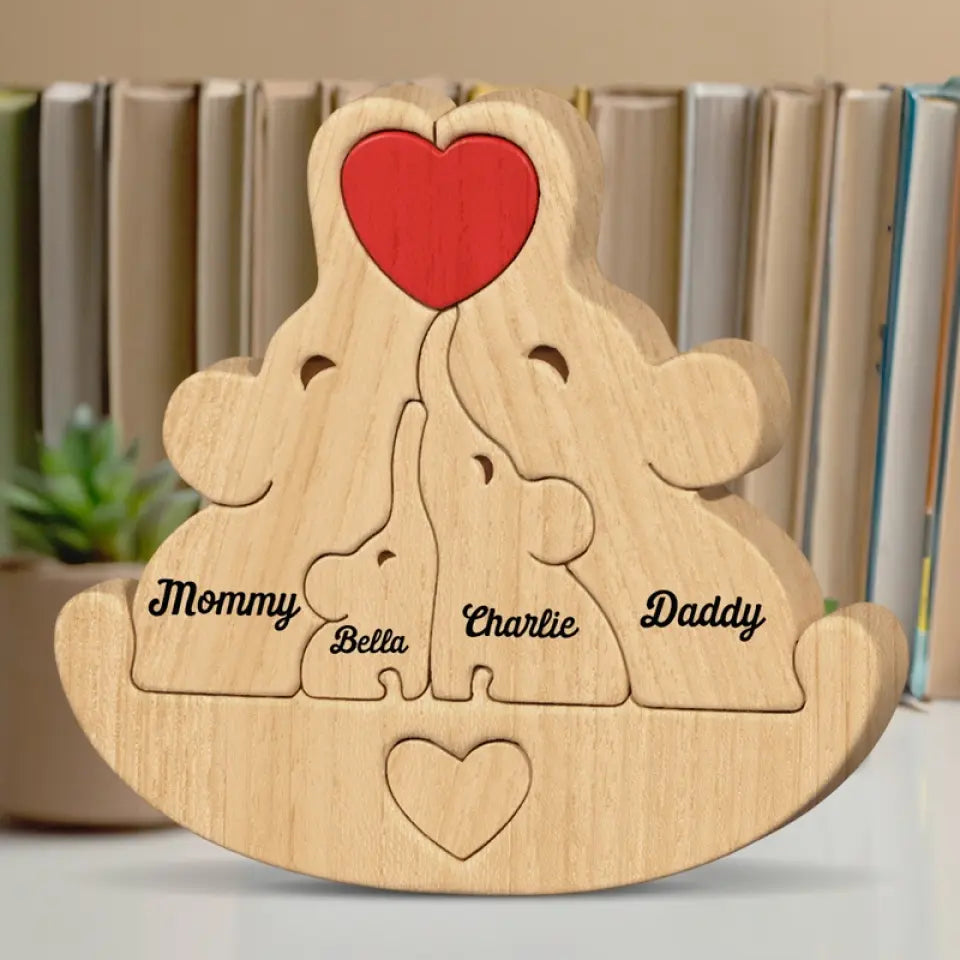 In Time Of Test Family Is Best - Family Personalized Custom Elephant Shaped Wooden Art Puzzle 