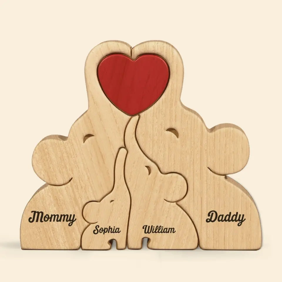 Lovely Family - Family Personalized Custom Elephant Shaped Wooden Art Puzzle