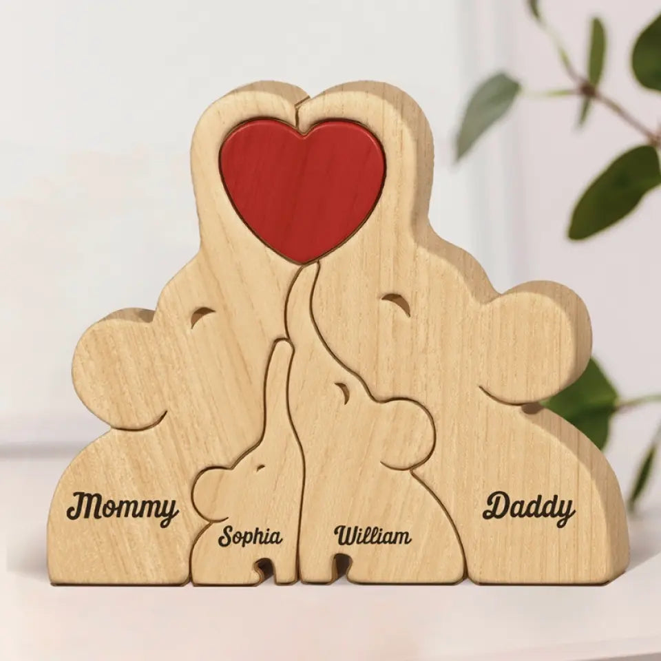 Lovely Family - Family Personalized Custom Elephant Shaped Wooden Art Puzzle