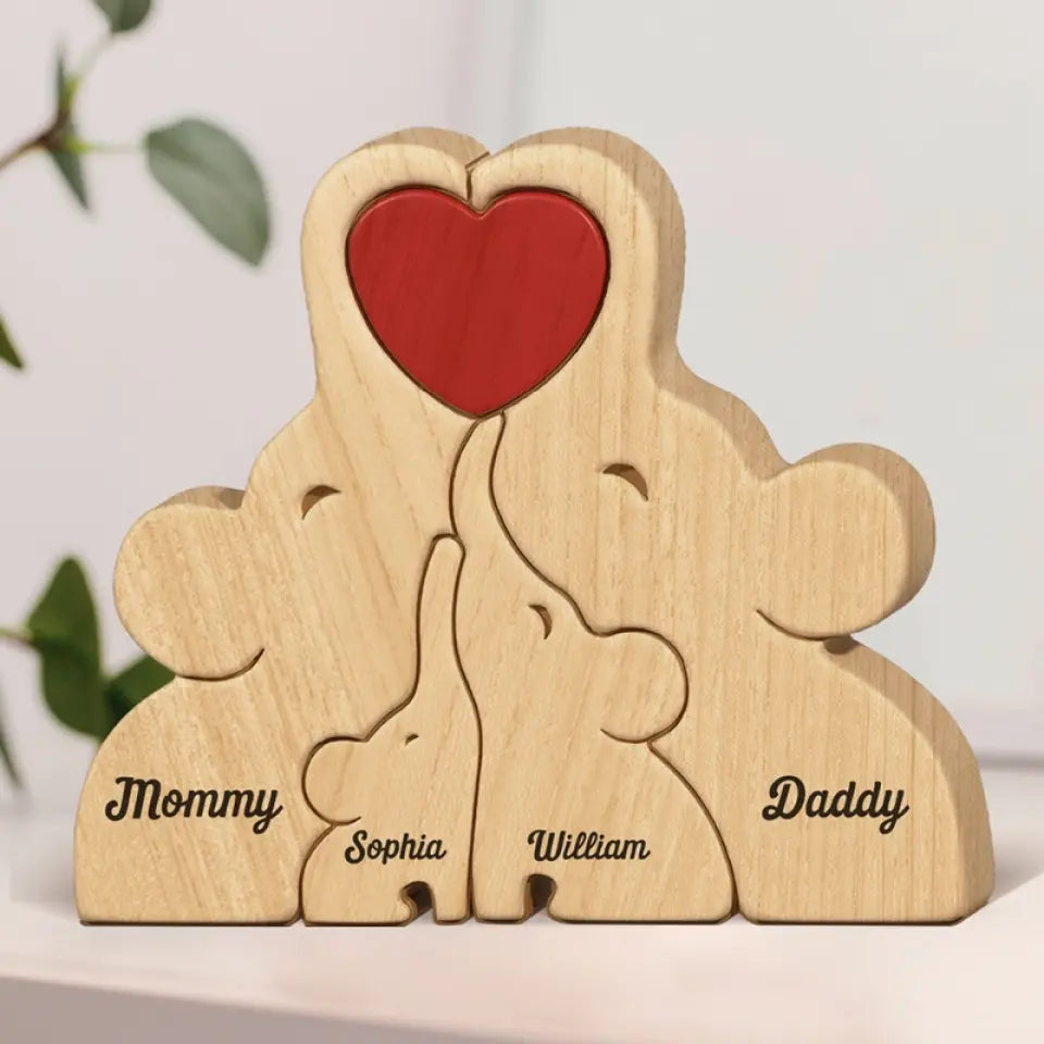 Lovely Family - Family Personalized Custom Elephant Shaped Wooden Art Puzzle