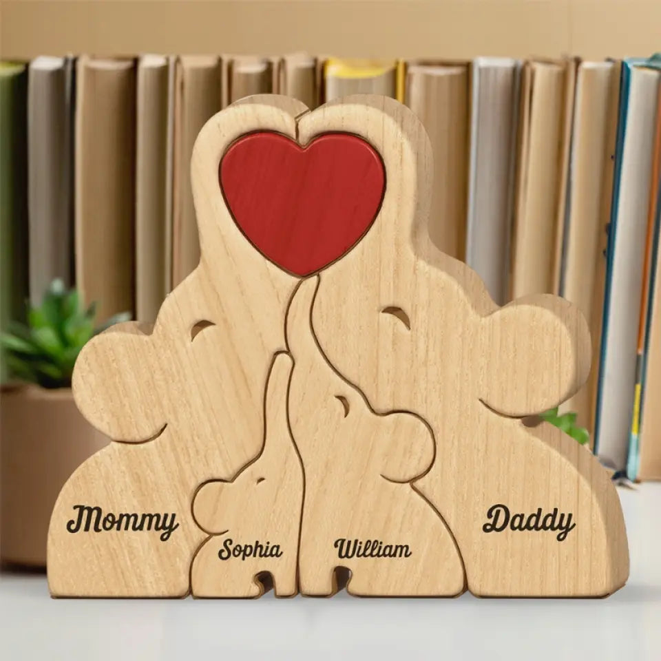 Lovely Family - Family Personalized Custom Elephant Shaped Wooden Art Puzzle