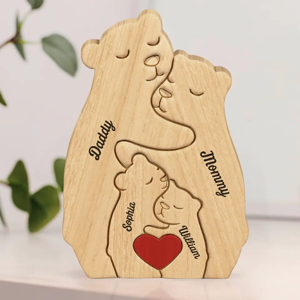 I Love My Family - Family Personalized Custom Bear Shaped Wooden Art Puzzle
