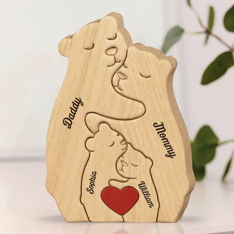 I Love My Family - Family Personalized Custom Bear Shaped Wooden Art Puzzle